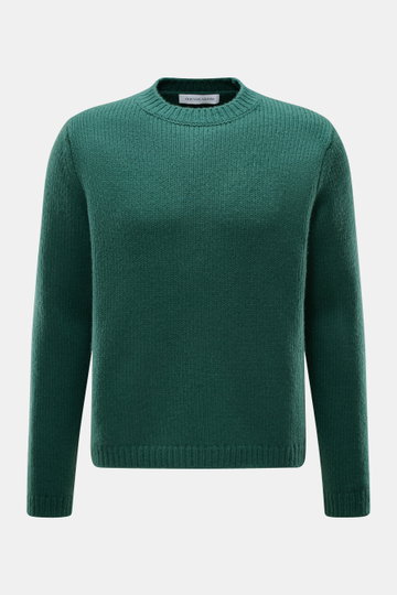 Front view of Iris von Arnim Cashmere-silk crew neck sweater 'Felton' green, slim fit with voluminous knit, ribbed cuffs, very soft feel.