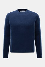 Front view of Iris von Arnim Cashmere-silk crew neck sweater 'Felton' dark blue, slim fit with voluminous knit, ribbed cuffs, very soft feel.