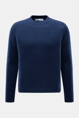 Front view of Iris von Arnim Cashmere-silk crew neck sweater 'Felton' dark blue, slim fit with voluminous knit, ribbed cuffs, very soft feel.