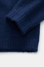 Close-up top-down view of Iris von Arnim Cashmere-silk crew neck sweater 'Felton' dark blue showing slim fit, voluminous knit pattern, ribbed cuffs, crew neckline, very soft feel, mix of cashmere and silk.