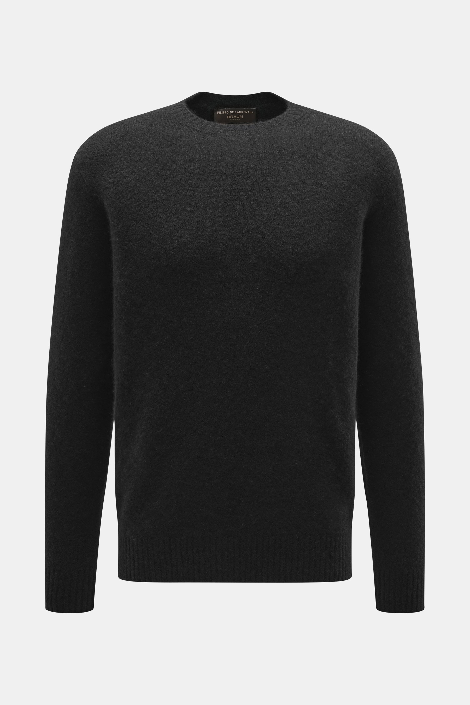 Filippo de Laurentiis Rundhalspullover schwarz, frontal aus leichter Vogelperspektive, Mix aus Cashmere, Seide, Microfaser, Regular Fit, Rundhalsausschnitt, feines Strickbild, weicher Griff, Rippbündchen.