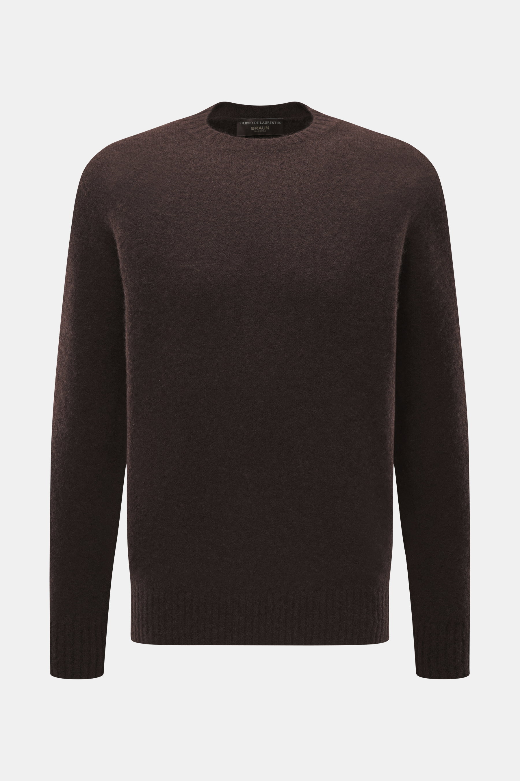 Filippo de Laurentiis Rundhalspullover dunkelbraun, frontale Ansicht, Mix aus Cashmere, Seide, Microfaser, sehr weich, feines Strickbild, Regular Fit, Rundhalsausschnitt, Rippbündchen.