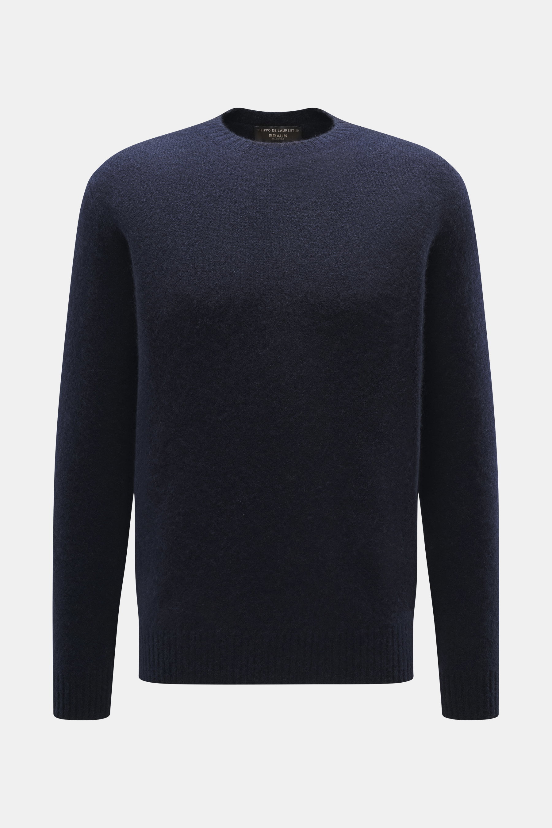 Filippo de Laurentiis Rundhalspullover dunkelblau, frontal fotografiert, Mix aus Cashmere, Seide, Microfaser, weicher Griff, feines Strickbild, Regular Fit, Rundhalsausschnitt, Rippbündchen.