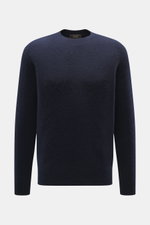 Filippo de Laurentiis Rundhalspullover dunkelblau, frontal fotografiert, Mix aus Cashmere, Seide, Microfaser, weicher Griff, feines Strickbild, Regular Fit, Rundhalsausschnitt, Rippbündchen.