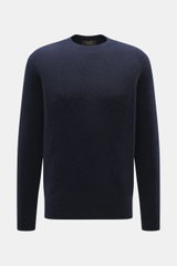 Filippo de Laurentiis Rundhalspullover dunkelblau, frontal fotografiert, Mix aus Cashmere, Seide, Microfaser, weicher Griff, feines Strickbild, Regular Fit, Rundhalsausschnitt, Rippbündchen.