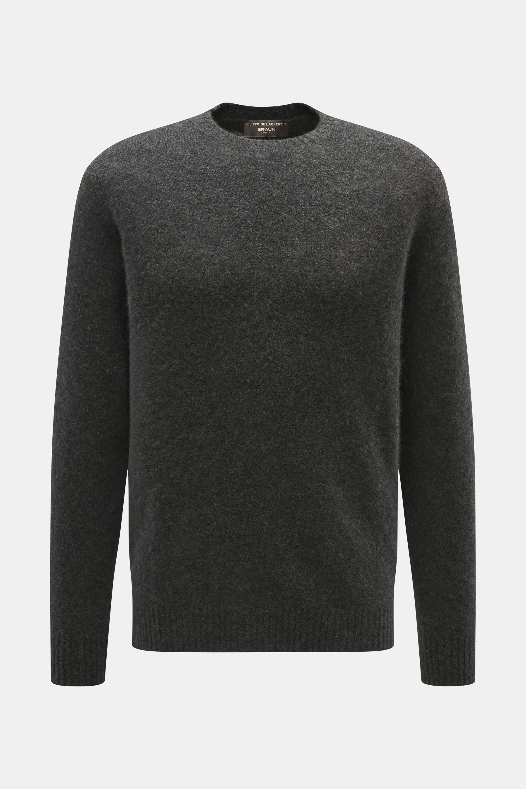 Filippo de Laurentiis Rundhalspullover dunkelgrau, frontal fotografiert, Mix aus Cashmere, Seide, Microfaser, weicher Griff, feines Strickbild, Regular Fit, Rundhalsausschnitt, Rippbündchen.