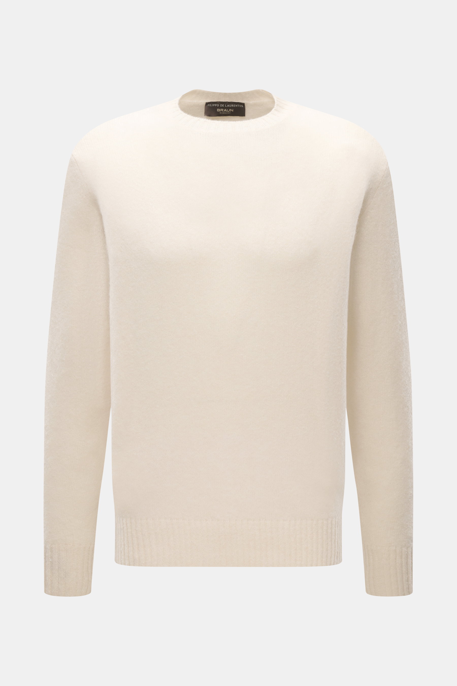 Filippo de Laurentiis Rundhalspullover beige, Frontansicht, Mix aus Cashmere, Seide, Microfaser, weicher Griff, feines Strickbild, Regular Fit, Rundhals, Rippbündchen.