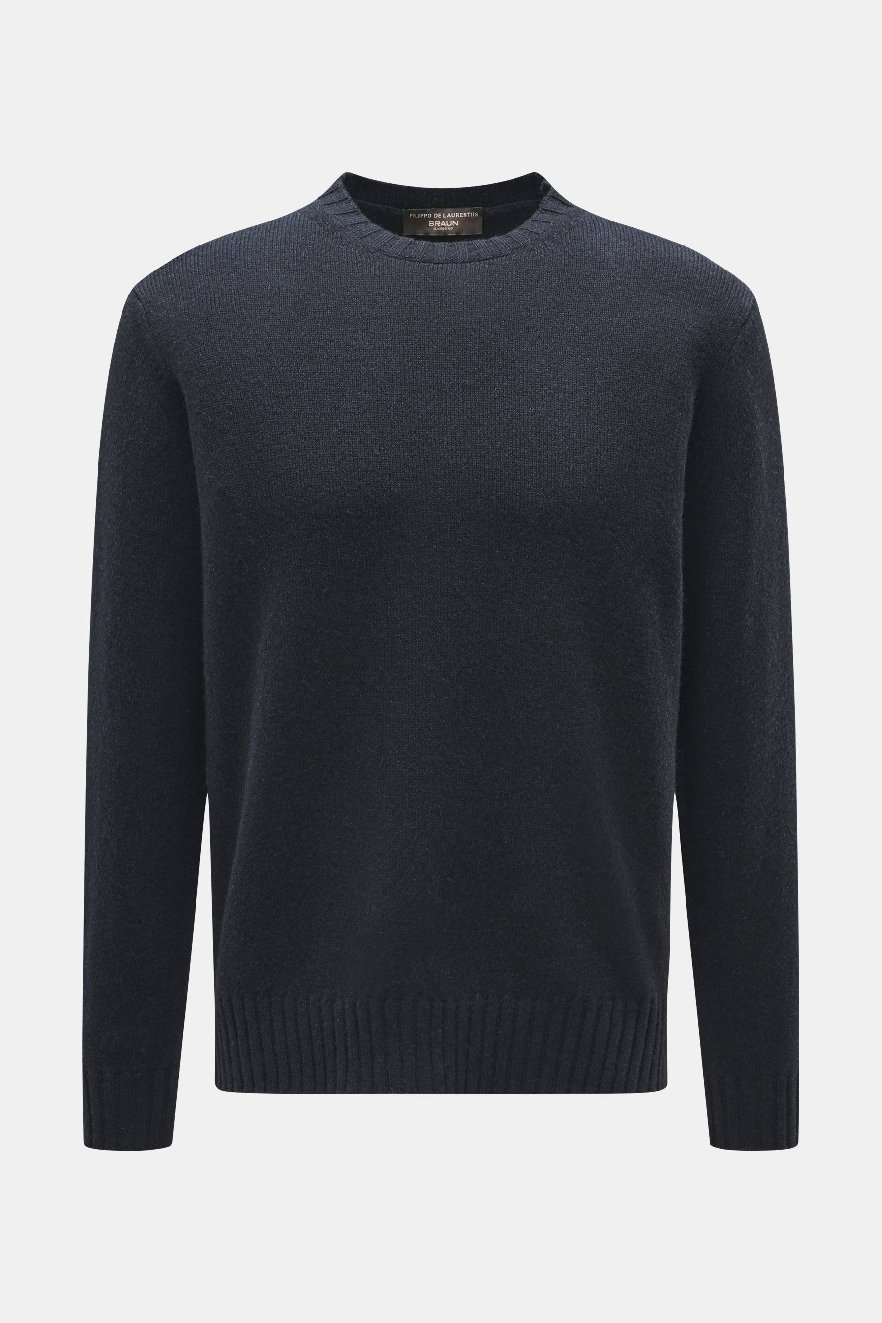 Filippo de Laurentiis Cashmere Rundhalspullover navy, frontale Nahaufnahme, reiner Cashmere, weicher Griff, mittelfeines Strickbild, Regular Fit, Rundhalsausschnitt, komfortable Rippbündchen.