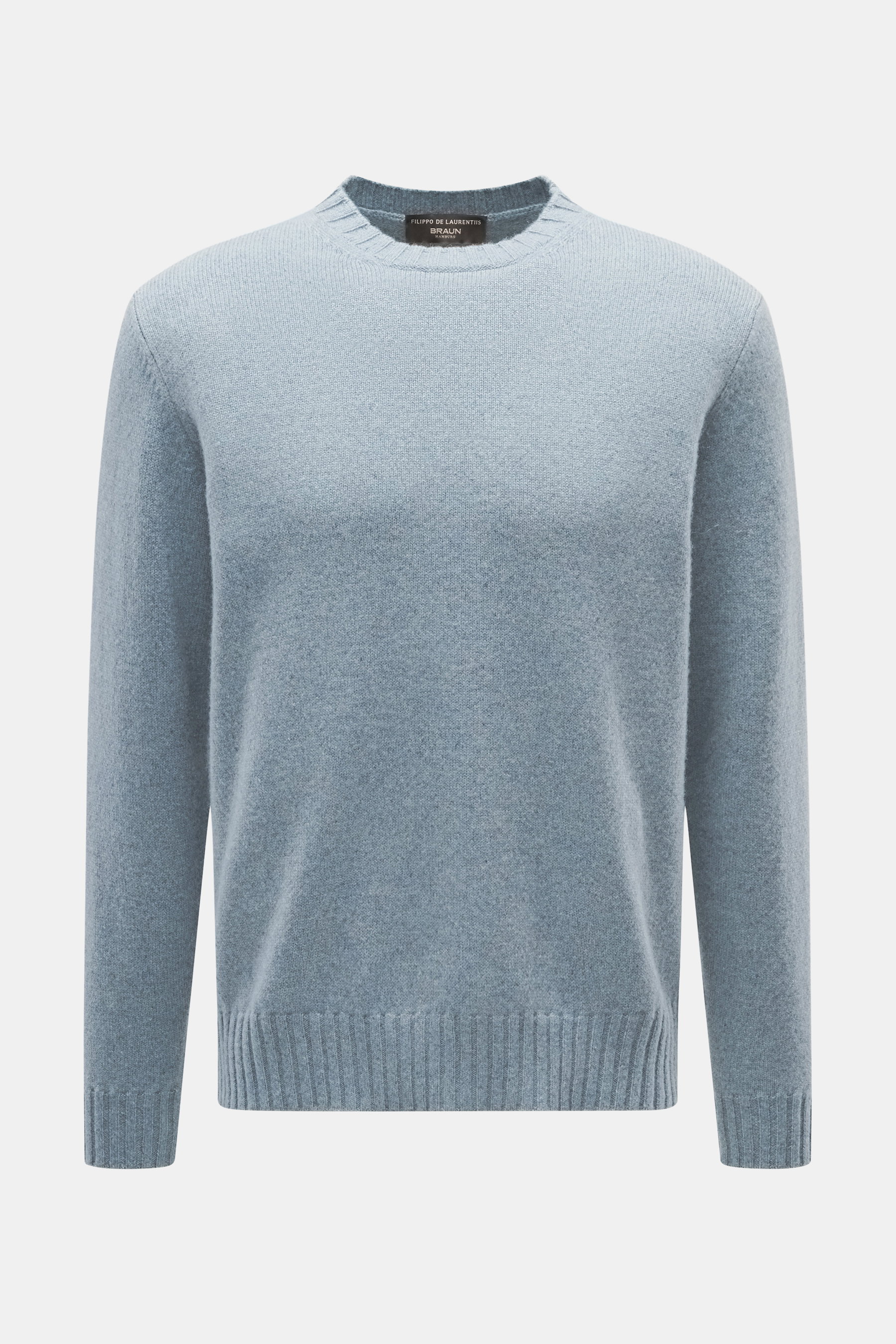 Filippo de Laurentiis Cashmere Rundhalspullover rauchblau meliert, frontal, reiner Cashmere, weicher Griff, mittelfeines Strickbild, Regular Fit, Rundhalsausschnitt, komfortable Rippbündchen.