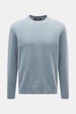 Filippo de Laurentiis Cashmere Rundhalspullover rauchblau meliert, frontal, reiner Cashmere, weicher Griff, mittelfeines Strickbild, Regular Fit, Rundhalsausschnitt, komfortable Rippbündchen.