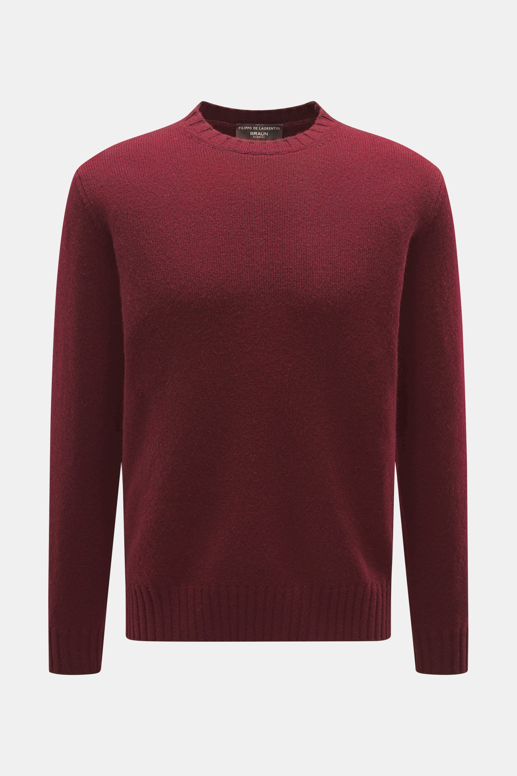 Filippo de Laurentiis Cashmere Rundhalspullover bordeaux, frontal fotografiert, reiner Cashmere, weicher Griff, mittelfeines Strickbild, Regular Fit, Rundhalsausschnitt, komfortable Rippbündchen.