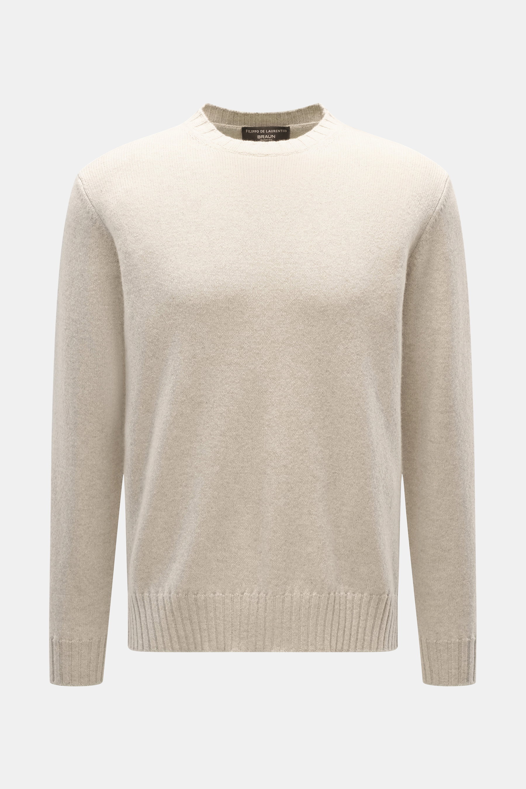 Filippo de Laurentiis Cashmere Rundhalspullover beige meliert, frontale Nahaufnahme, reiner Cashmere, weicher Griff, mittelfeines Strickbild, Regular Fit, Rundhalsausschnitt, komfortable Rippbündchen.