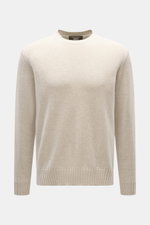Filippo de Laurentiis Cashmere Rundhalspullover beige meliert, frontale Nahaufnahme, reiner Cashmere, weicher Griff, mittelfeines Strickbild, Regular Fit, Rundhalsausschnitt, komfortable Rippbündchen.