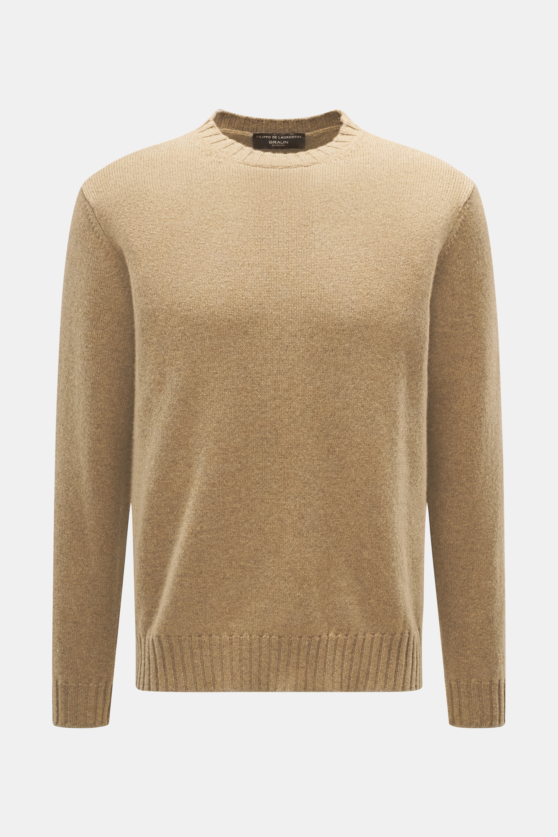 Filippo de Laurentiis Cashmere Rundhalspullover taupe meliert, von vorne, reiner Cashmere, weicher Griff, mittelfeines Strickbild, Regular Fit, Rundhalsausschnitt, komfortable Rippbündchen.