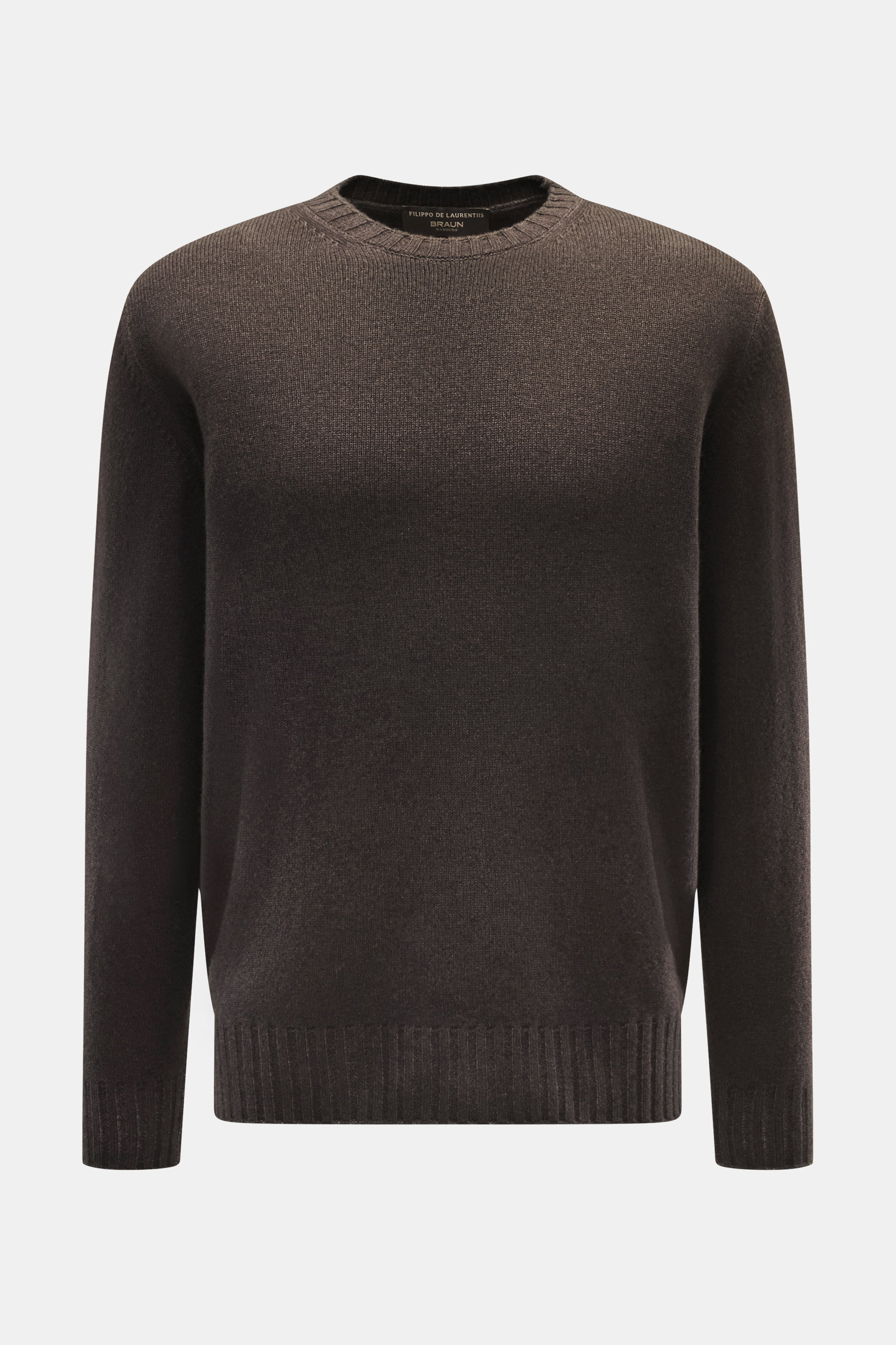 Filippo de Laurentiis Rundhalspullover dunkelbraun, frontale Nahaufnahme, Mix aus Merinowolle und Cashmere, weicher Griff, mittelfeines Strickbild, Regular Fit, Rundhalsausschnitt, komfortable Rippbündchen.
