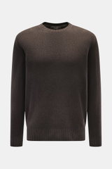 Filippo de Laurentiis Rundhalspullover dunkelbraun, frontale Nahaufnahme, Mix aus Merinowolle und Cashmere, weicher Griff, mittelfeines Strickbild, Regular Fit, Rundhalsausschnitt, komfortable Rippbündchen.