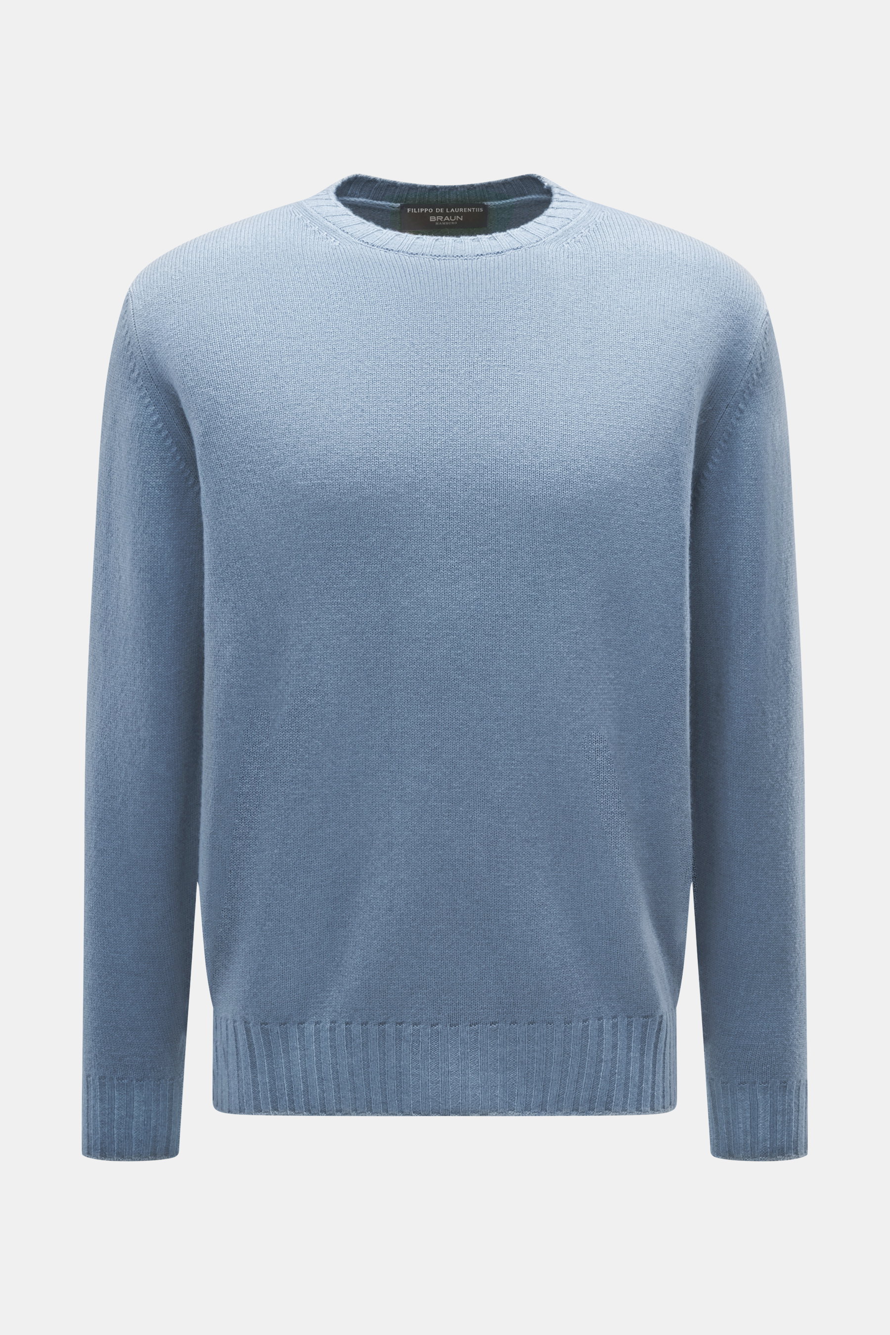 Filippo de Laurentiis Rundhalspullover rauchblau, Frontansicht, Mix Merinowolle/Cashmere, weicher Griff, mittelfeines Strickbild, Regular Fit, Rundhalsausschnitt, Rippbündchen.