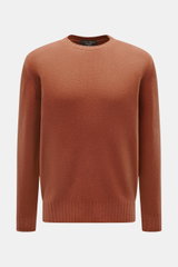 Filippo de Laurentiis Rundhalspullover rostbraun, frontal fotografiert, Mix aus Merinowolle und Cashmere, weicher Griff, mittelfeines Strickbild, Regular Fit, Rundhalsausschnitt, Rippbündchen.