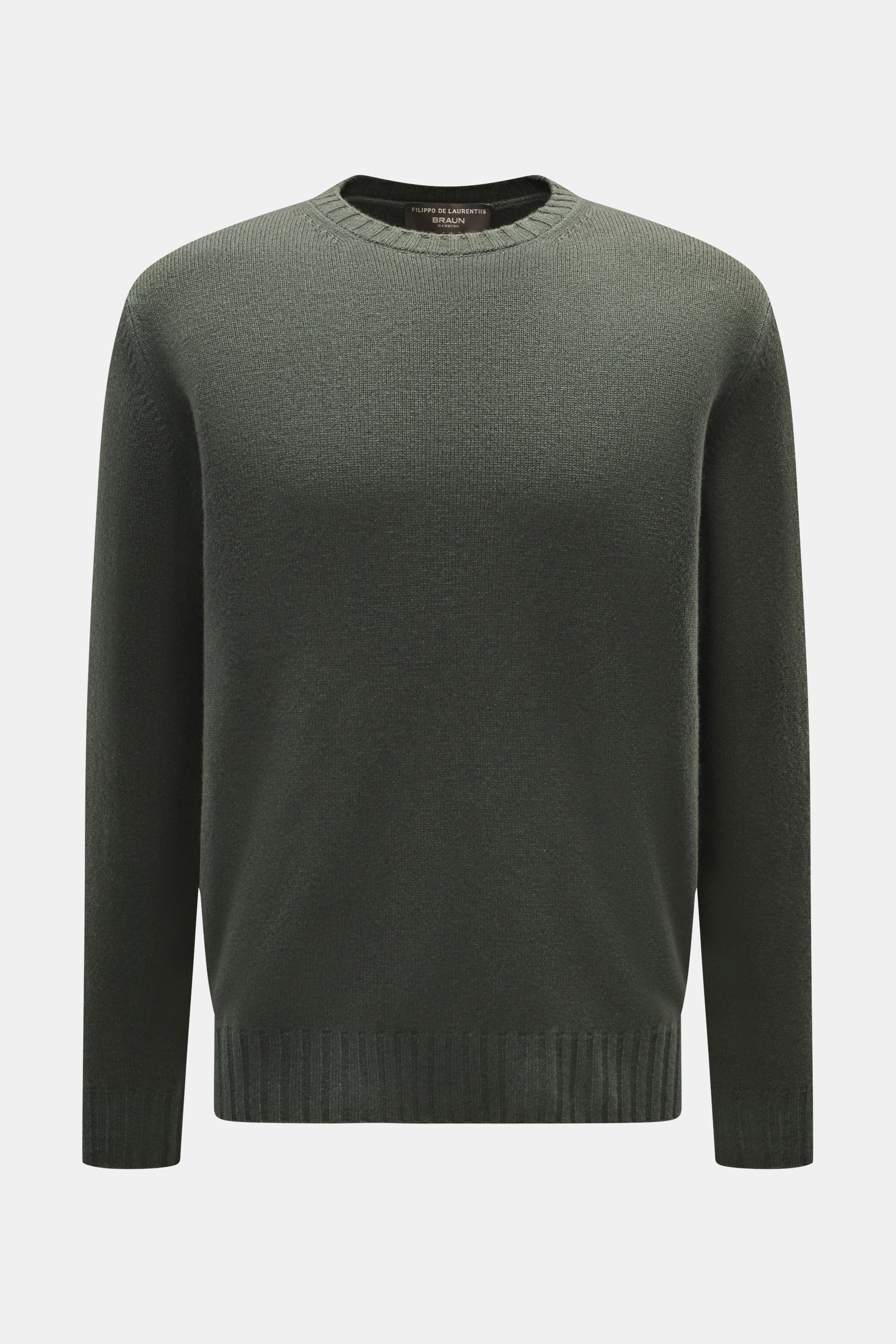 Filippo de Laurentiis Rundhalspullover dunkelgrün, frontal fotografiert, Mix aus Merinowolle und Cashmere, weicher Griff, mittelfeines Strickbild, Regular Fit, Rundhalsausschnitt, Rippbündchen.
