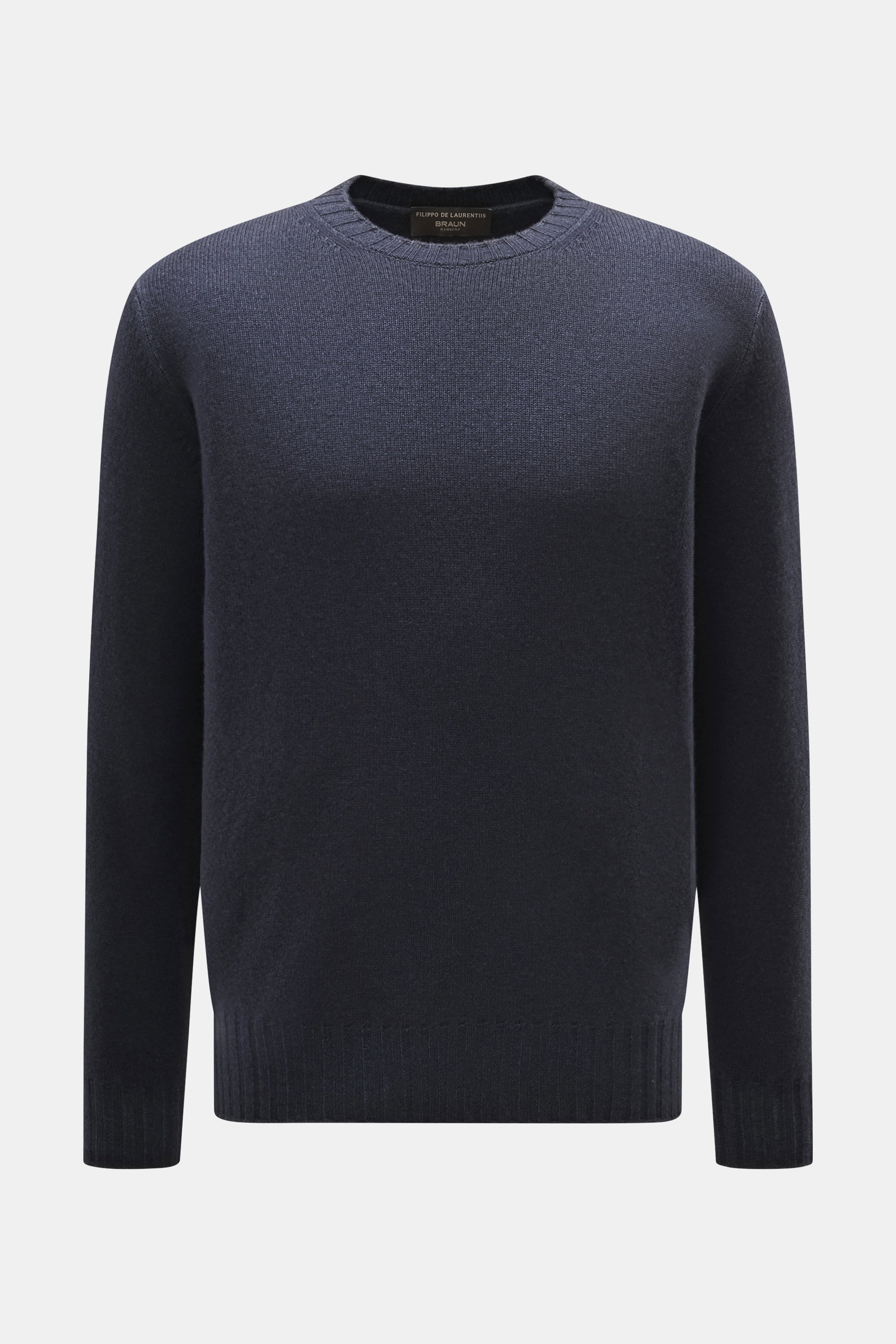 Filippo de Laurentiis Rundhalspullover navy, frontal fotografiert, Mix aus Merinowolle und Cashmere, weicher Griff, mittelfeines Strickbild, Regular Fit, Rundhalsausschnitt, komfortable Rippbündchen.