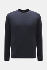 Filippo de Laurentiis Rundhalspullover navy, frontal fotografiert, Mix aus Merinowolle und Cashmere, weicher Griff, mittelfeines Strickbild, Regular Fit, Rundhalsausschnitt, komfortable Rippbündchen.