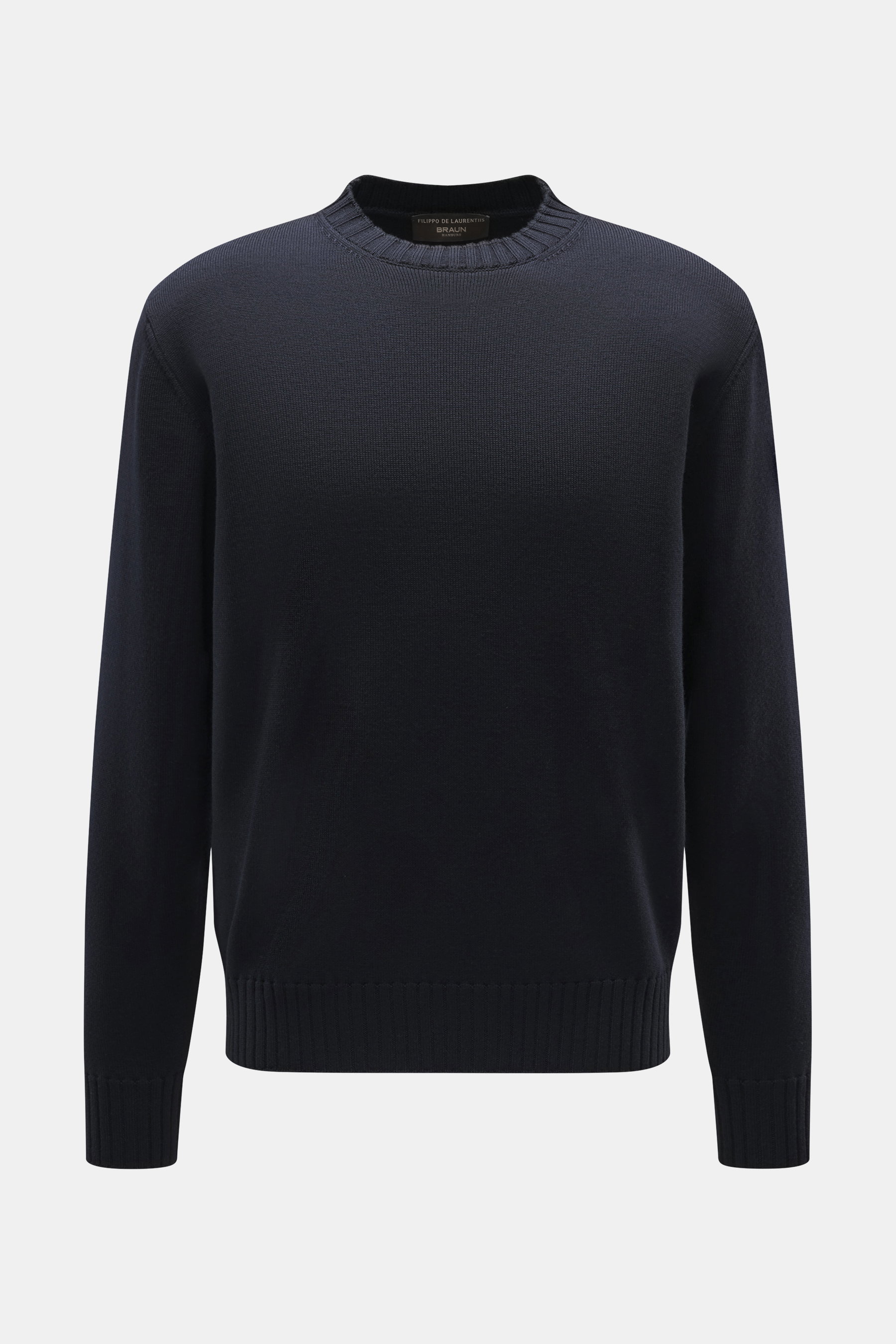 Filippo de Laurentiis Merino Rundhalspullover navy, frontale Nahaufnahme, feines Strickbild, reine Merinowolle, weicher Griff, Regular Fit, Rundhalsausschnitt, Rippbündchen.