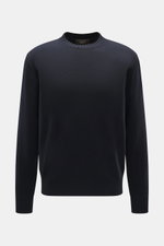 Filippo de Laurentiis Merino Rundhalspullover navy, frontale Nahaufnahme, feines Strickbild, reine Merinowolle, weicher Griff, Regular Fit, Rundhalsausschnitt, Rippbündchen.