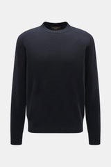 Filippo de Laurentiis Merino Rundhalspullover navy, frontale Nahaufnahme, feines Strickbild, reine Merinowolle, weicher Griff, Regular Fit, Rundhalsausschnitt, Rippbündchen.