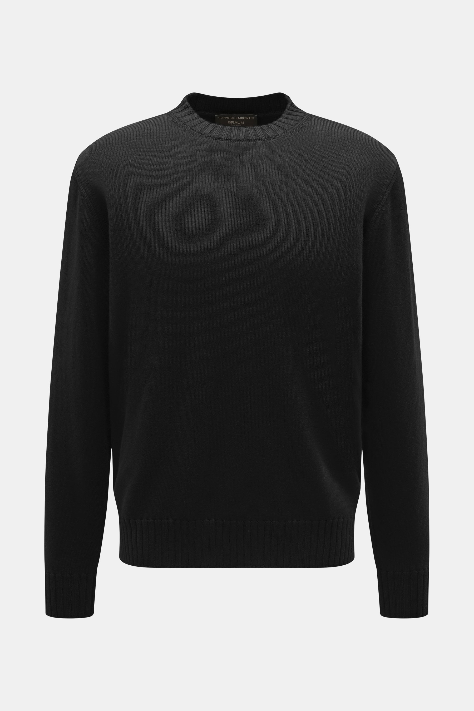 Filippo de Laurentiis Merino Rundhalspullover schwarz, frontale Nahaufnahme, feines Strickbild, Rundhalsausschnitt, Regular Fit, reine Merinowolle, weicher Griff, flexible Rippbündchen.