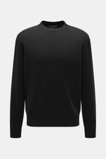 Filippo de Laurentiis Merino Rundhalspullover schwarz, frontale Nahaufnahme, feines Strickbild, Rundhalsausschnitt, Regular Fit, reine Merinowolle, weicher Griff, flexible Rippbündchen.