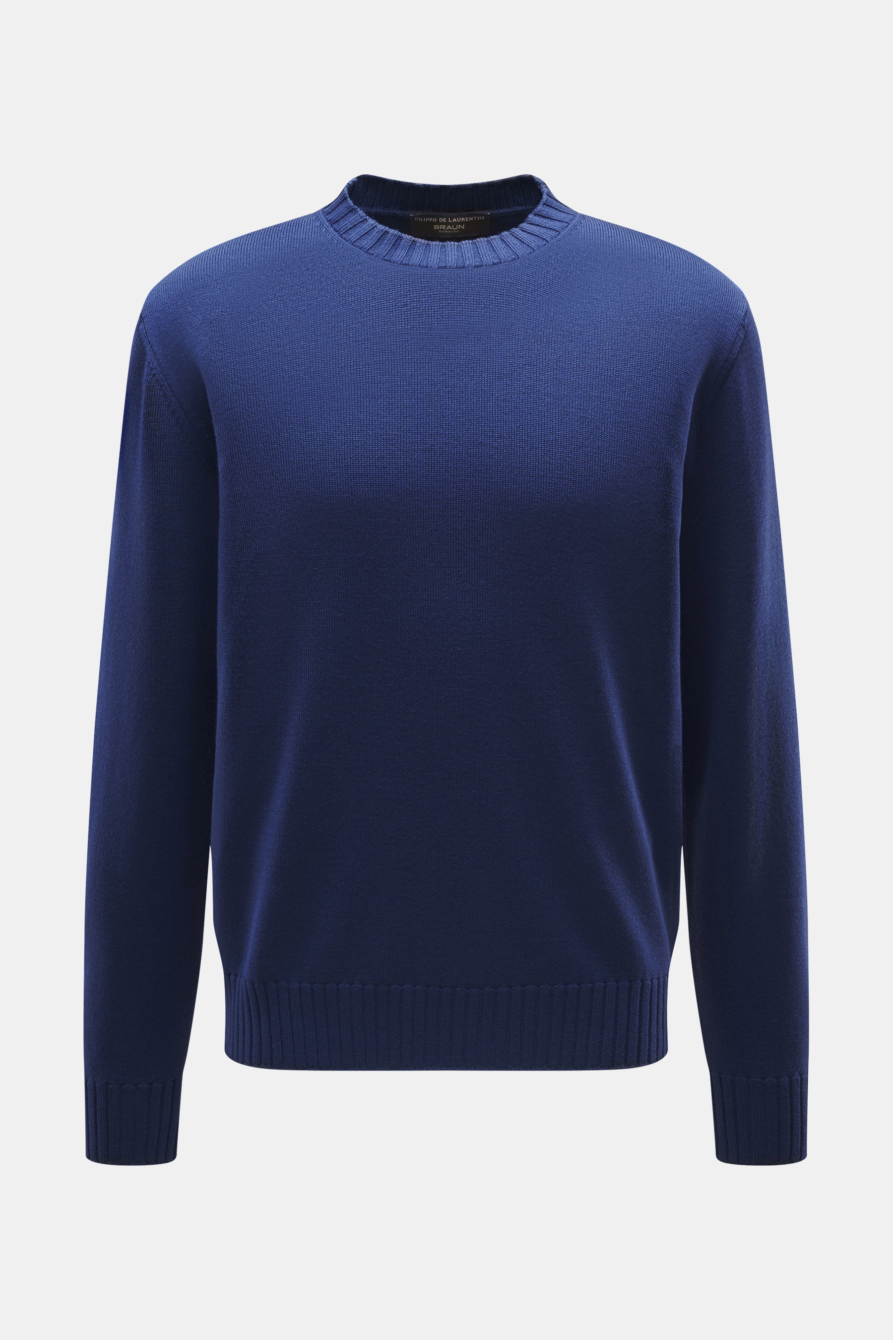 Filippo de Laurentiis Merino Rundhalspullover dunkelblau, Frontansicht, klassischer Strickpullover aus reiner Merinowolle, weicher Griff, feines Strickbild, Regular Fit, Rundhalsausschnitt, flexible Rippbündchen.