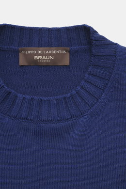 Filippo de Laurentiis Merino Rundhalspullover dunkelblau, Detailansicht von oben, feines Strickbild, weicher Griff, reine Merinowolle, Regular Fit, Rundhalsausschnitt, flexible Rippbündchen.