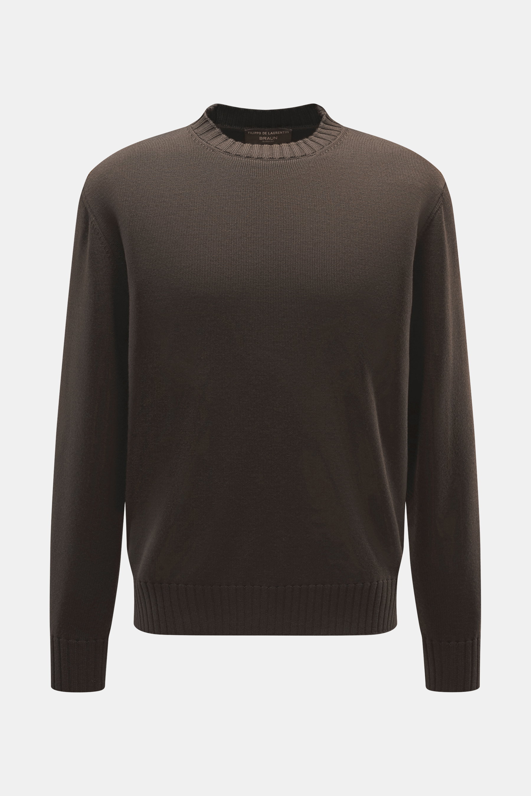 Filippo de Laurentiis Merino Rundhalspullover dunkelbraun, frontale Nahaufnahme, Regular Fit, Rundhalsausschnitt, reine Merinowolle, weicher Griff, feines Strickbild, flexible Rippbündchen.