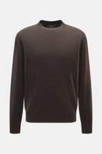Filippo de Laurentiis Merino Rundhalspullover dunkelbraun, frontale Nahaufnahme, Regular Fit, Rundhalsausschnitt, reine Merinowolle, weicher Griff, feines Strickbild, flexible Rippbündchen.