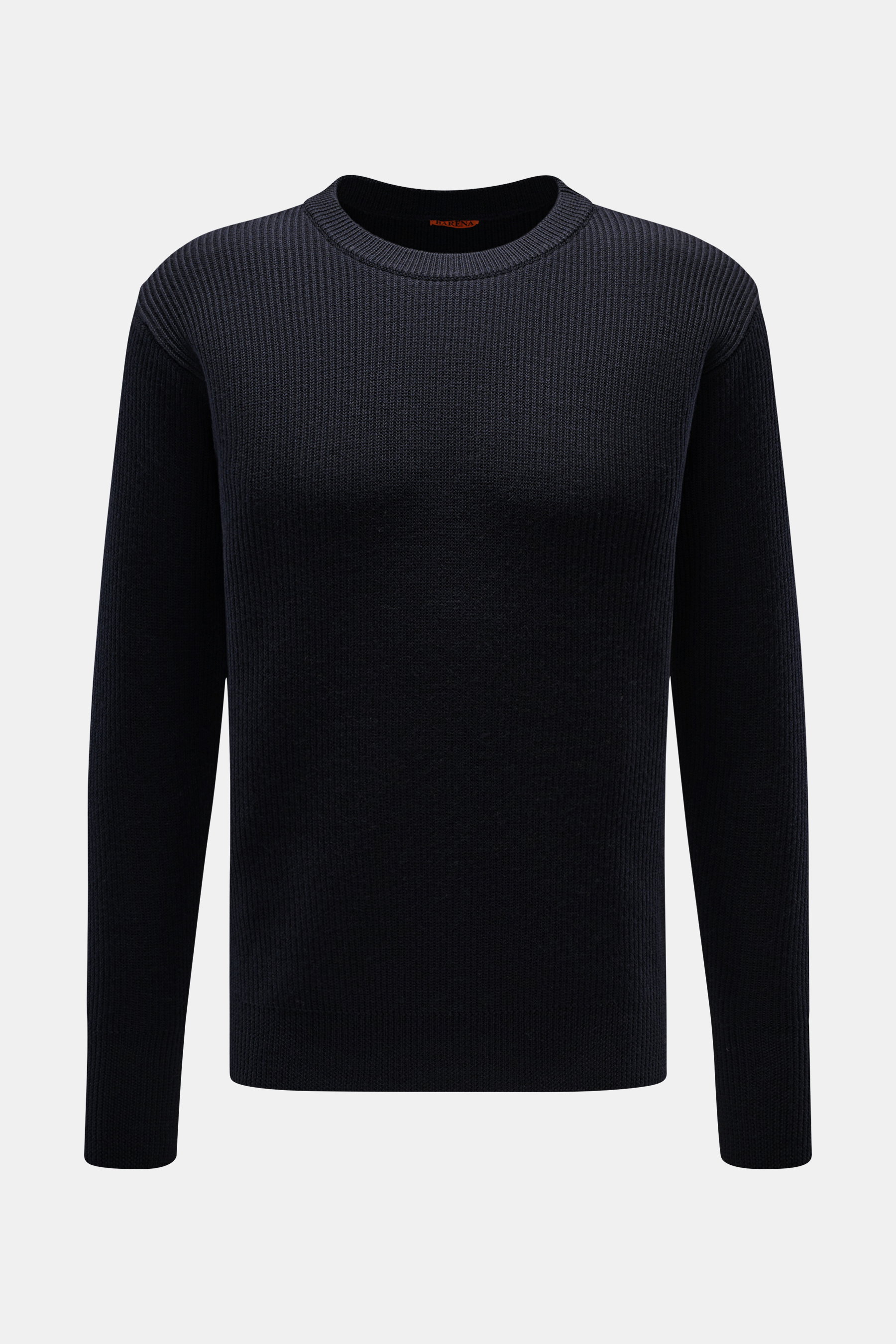 Frontansicht des Barena Venezia Rundhalspullover 'Corba Cruna' navy, Slim Fit, aus reiner Schurwolle mit weichem Griff, mittelfeinem Patent-Strickmuster, Rundhalsausschnitt, elastischen Rippbündchen und breiten Ärmelbündchen mit Daumenöffnung.