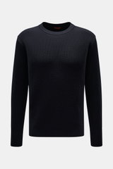 Frontansicht des Barena Venezia Rundhalspullover 'Corba Cruna' navy, Slim Fit, aus reiner Schurwolle mit weichem Griff, mittelfeinem Patent-Strickmuster, Rundhalsausschnitt, elastischen Rippbündchen und breiten Ärmelbündchen mit Daumenöffnung.