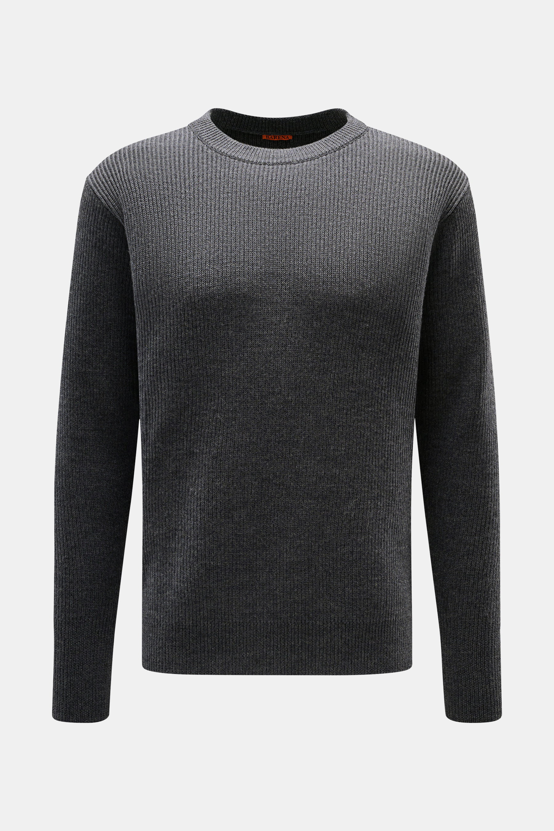 Barena Venezia Rundhalspullover "Corba Cruna" dunkelgrau meliert, Frontansicht, Slim Fit, reiner Schurwollstrick, weicher Griff, mittelfeines Strickbild, Patent-Strickmuster, Rundhalsausschnitt, elastische Rippbündchen, breite Ärmelbündchen mit Daumenöffn