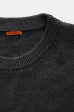 Barena Venezia Rundhalspullover 'Corba Cruna' dunkelgrau meliert, Nahaufnahme von oben, Strick aus reiner Schurwolle, weicher Griff, mittelfeines Strickbild, Patent-Strickmuster, Slim Fit, Rundhalsausschnitt, elastische Rippbündchen, breite Ärmelbündchen 