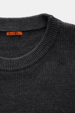 Barena Venezia Rundhalspullover 'Corba Cruna' dunkelgrau meliert, Nahaufnahme von oben, Strick aus reiner Schurwolle, weicher Griff, mittelfeines Strickbild, Patent-Strickmuster, Slim Fit, Rundhalsausschnitt, elastische Rippbündchen, breite Ärmelbündchen 