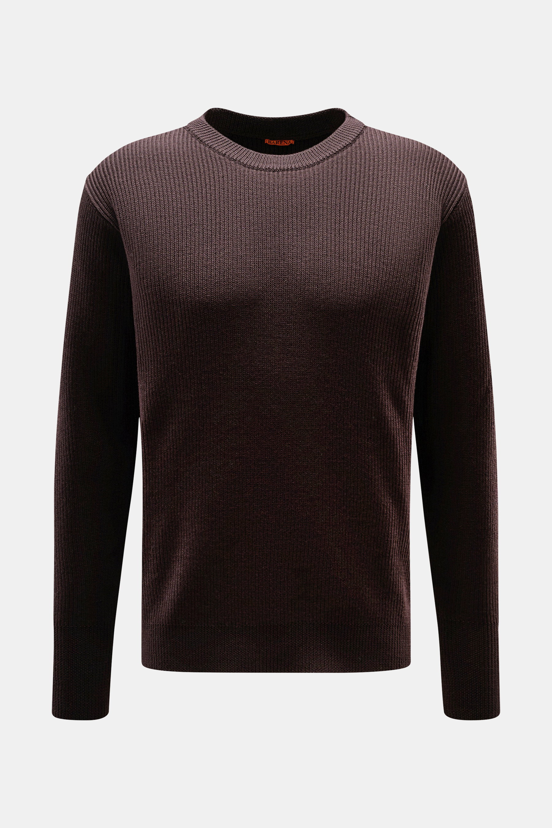 Barena Venezia Rundhalspullover 'Corba Cruna' dunkelbraun, frontal fotografiert, Strick aus reiner Schurwolle, weicher Griff, mittelfeines Strickbild, Patent-Strickmuster, Slim Fit, Rundhalsausschnitt, elastische Rippbündchen, breite Ärmelbündchen mit Dau