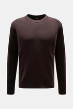 Barena Venezia Rundhalspullover 'Corba Cruna' dunkelbraun, frontal fotografiert, Strick aus reiner Schurwolle, weicher Griff, mittelfeines Strickbild, Patent-Strickmuster, Slim Fit, Rundhalsausschnitt, elastische Rippbündchen, breite Ärmelbündchen mit Dau