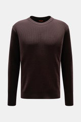 Barena Venezia Rundhalspullover 'Corba Cruna' dunkelbraun, frontal fotografiert, Strick aus reiner Schurwolle, weicher Griff, mittelfeines Strickbild, Patent-Strickmuster, Slim Fit, Rundhalsausschnitt, elastische Rippbündchen, breite Ärmelbündchen mit Dau