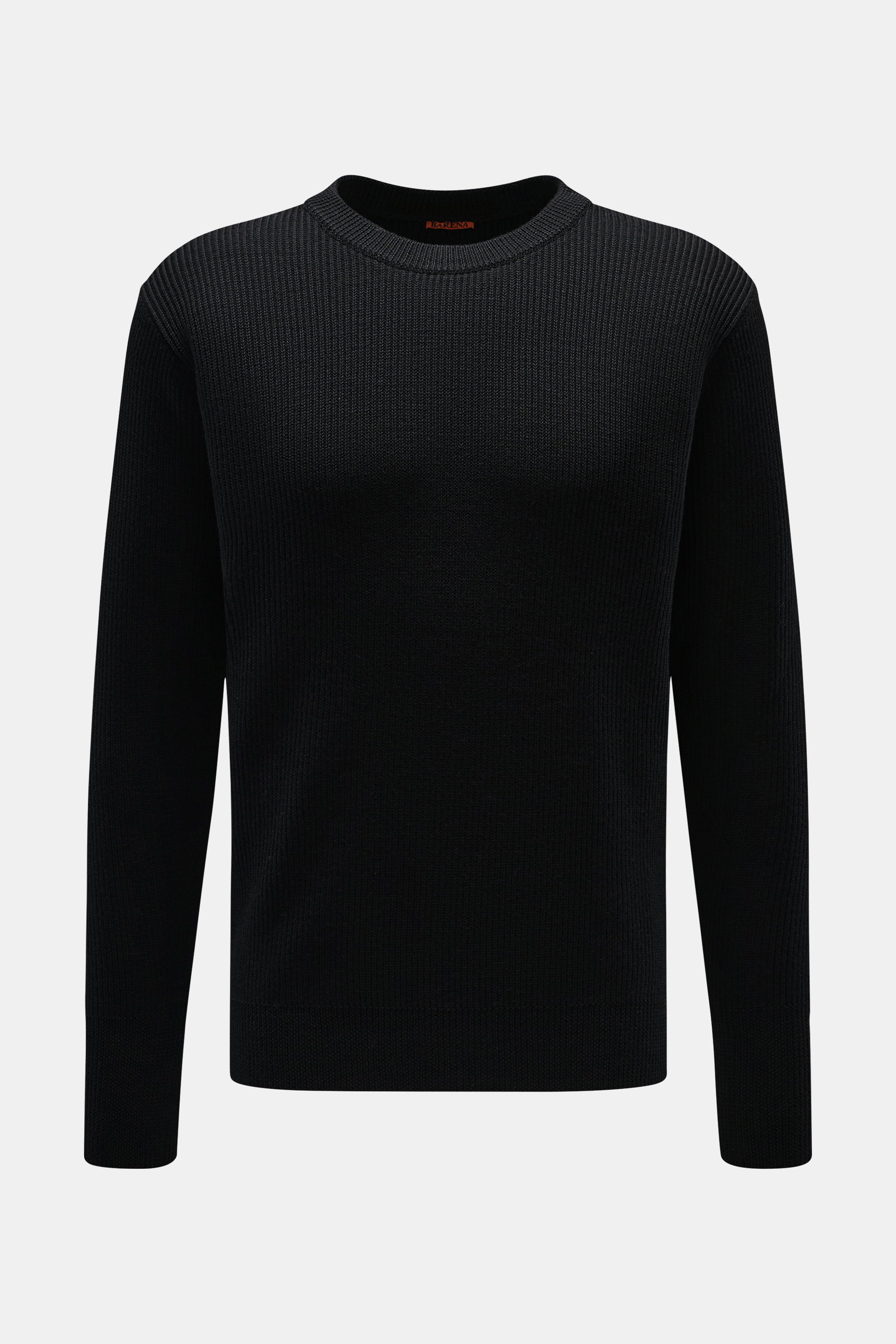 Barena Venezia Rundhalspullover 'Corba Cruna' schwarz, frontal, Strick aus reiner Schurwolle, weicher Griff, mittelfeines Strickbild, Patent-Strickmuster, Slim Fit, Rundhalsausschnitt, elastische Rippbündchen, breite Ärmelbündchen mit Daumenöffnung.