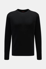 Barena Venezia Rundhalspullover 'Corba Cruna' schwarz, frontal, Strick aus reiner Schurwolle, weicher Griff, mittelfeines Strickbild, Patent-Strickmuster, Slim Fit, Rundhalsausschnitt, elastische Rippbündchen, breite Ärmelbündchen mit Daumenöffnung.