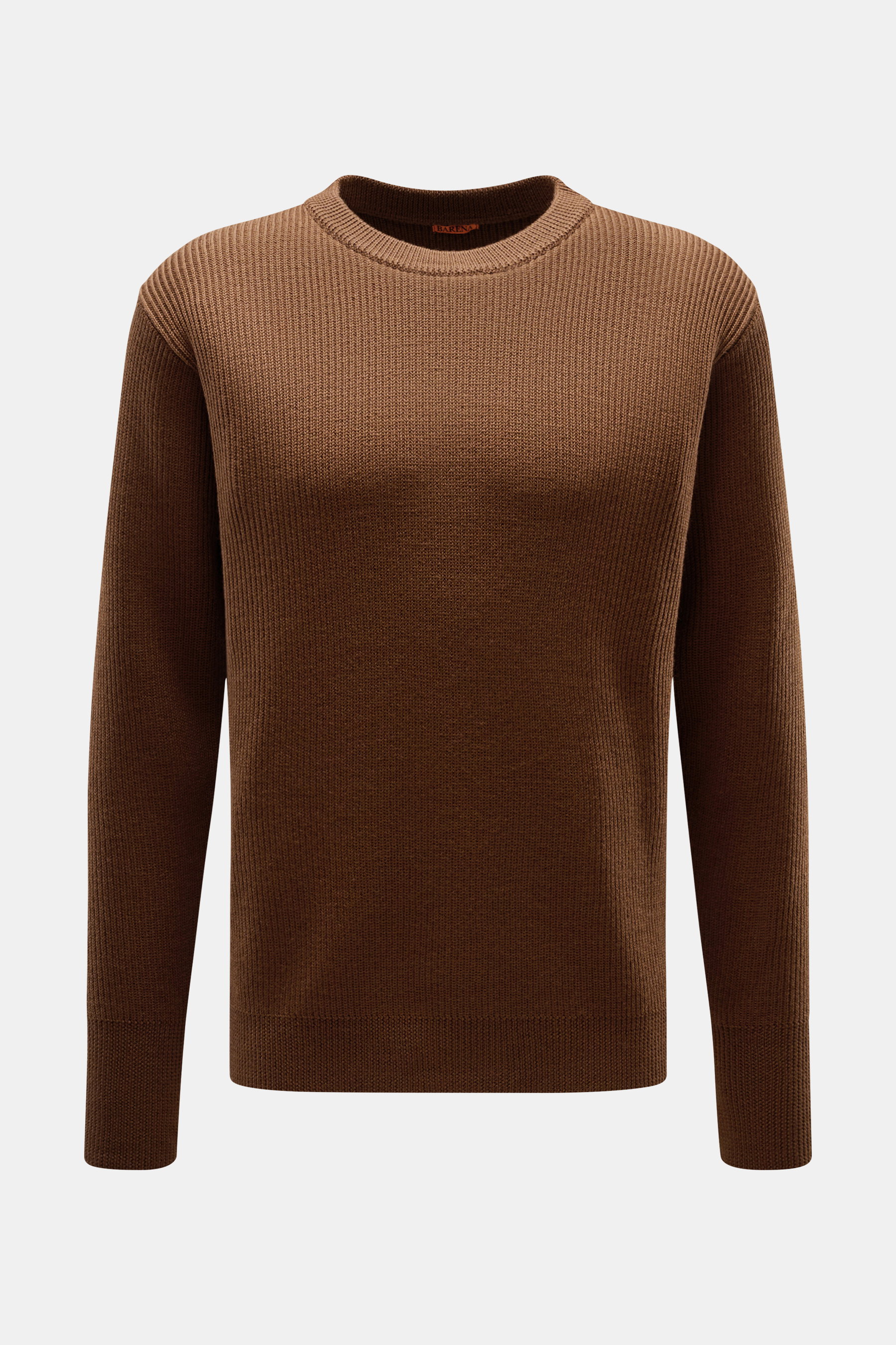 Barena Venezia Rundhalspullover 'Corba Cruna' braun, Frontansicht, Strick aus reiner Schurwolle, weicher Griff, mittelfeines Patent-Strickmuster, Slim Fit, Rundhalsausschnitt, elastische Rippbündchen, breite Ärmelbündchen mit Daumenöffnung.