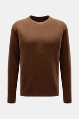 Barena Venezia Rundhalspullover 'Corba Cruna' braun, Frontansicht, Strick aus reiner Schurwolle, weicher Griff, mittelfeines Patent-Strickmuster, Slim Fit, Rundhalsausschnitt, elastische Rippbündchen, breite Ärmelbündchen mit Daumenöffnung.