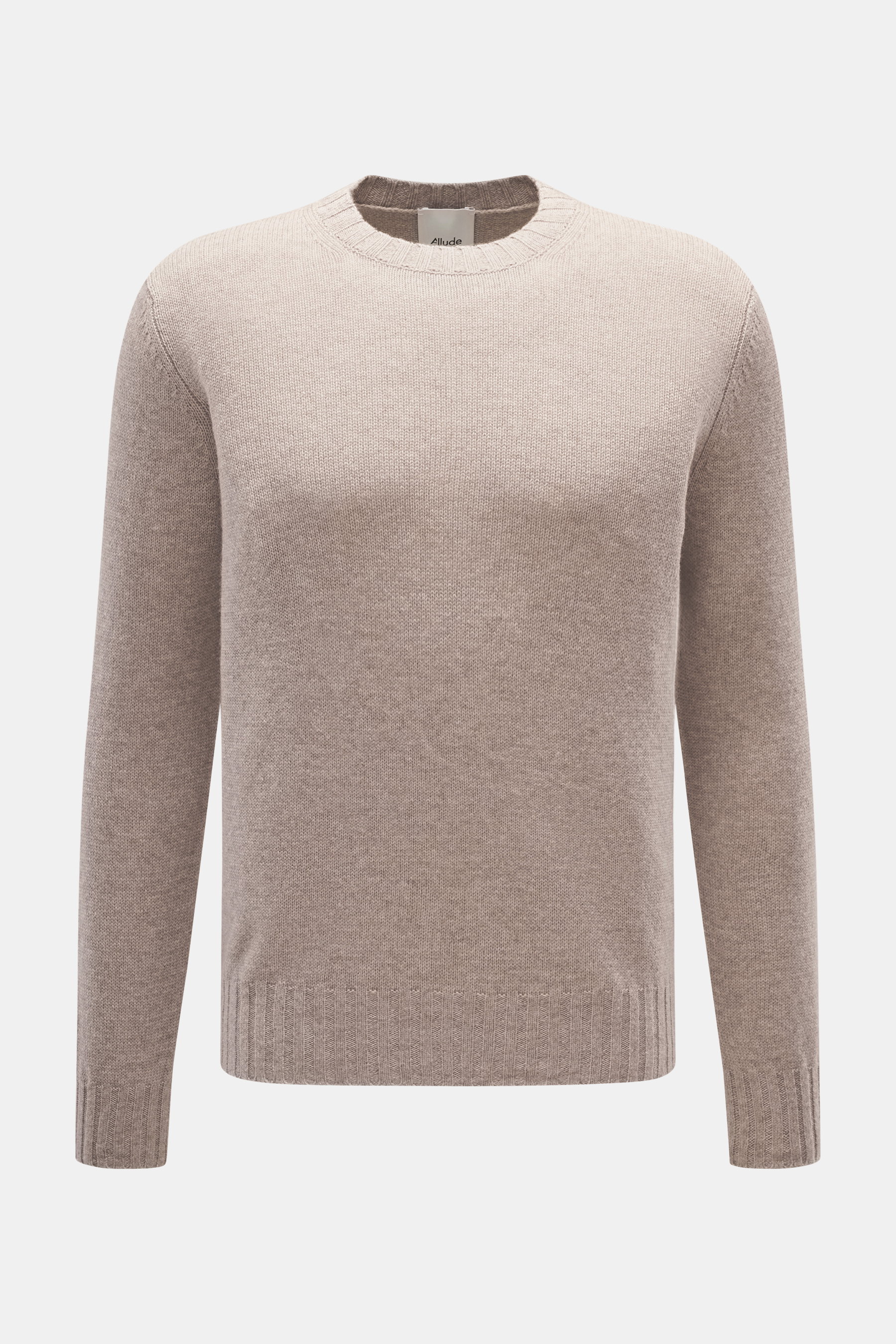 Front view of Allude Crew neck sweater beige melange, made from a mix of wool and cashmere, soft feel, medium coarse knit pattern, regular fit, crew neckline, and comfortable ribbed cuffs.