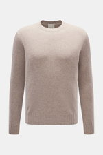 Allude Rundhalspullover beige meliert, frontale Nahaufnahme, Mix aus Wolle und Cashmere, weicher Griff, mittelgrobes Strickbild, Regular Fit, Rundhalsausschnitt, komfortable Rippbündchen.