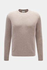 Allude Rundhalspullover beige meliert, frontale Nahaufnahme, Mix aus Wolle und Cashmere, weicher Griff, mittelgrobes Strickbild, Regular Fit, Rundhalsausschnitt, komfortable Rippbündchen.