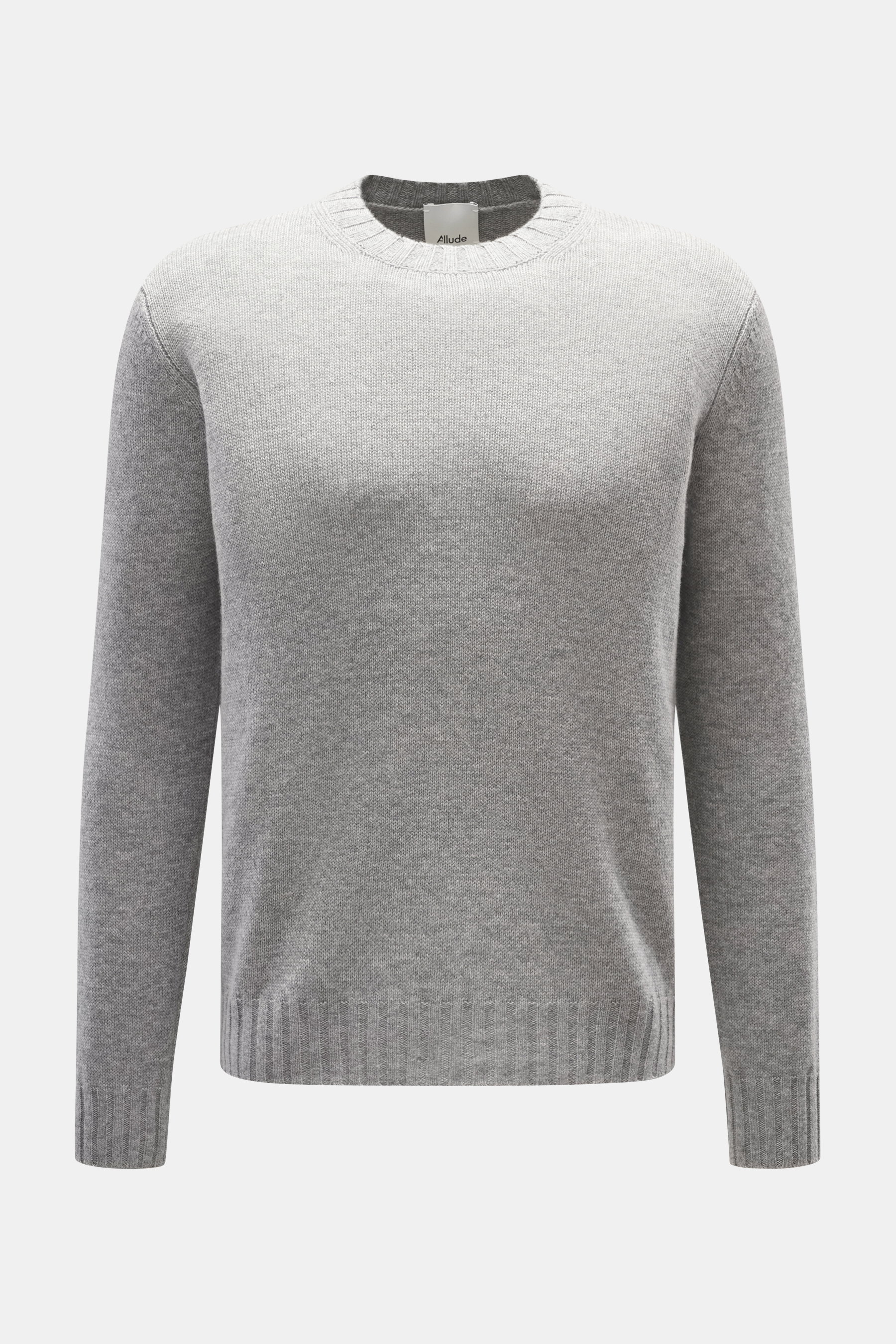 Front view of Allude Crew neck sweater grey melange, made from a blend of wool and cashmere with a soft feel, medium coarse knit pattern, regular fit, crew neckline, and comfortable ribbed cuffs.